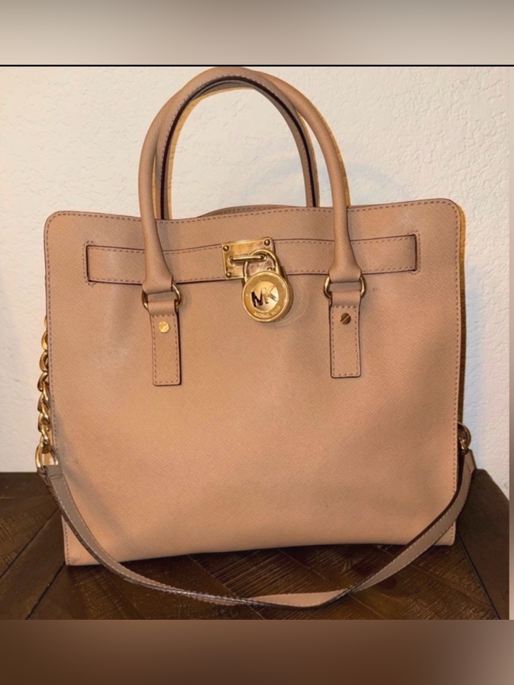 Michael Kors Taupe Saffiano Leather Satchel with Gold Hardware